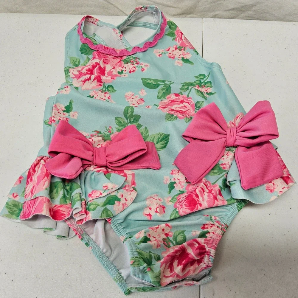 Mud‎ Pie Swimsuit Baby Girls 24M 2T Blue Floral Rose Pink Bow Ric Rac One Piece